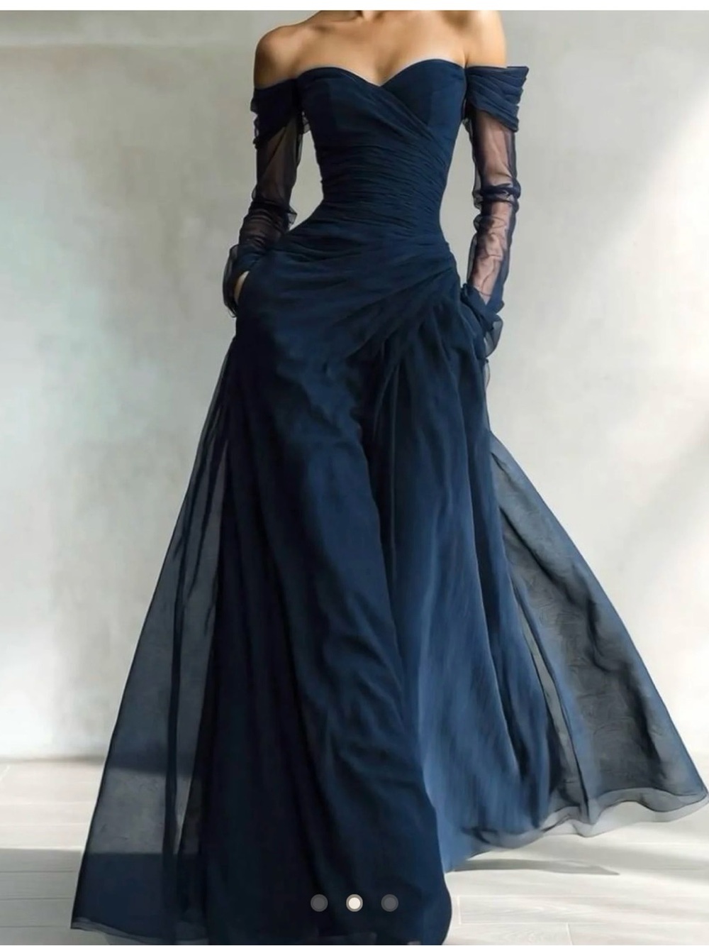 Off-Shoulder Navy Evening Gown with Sheer Long Sleeves
